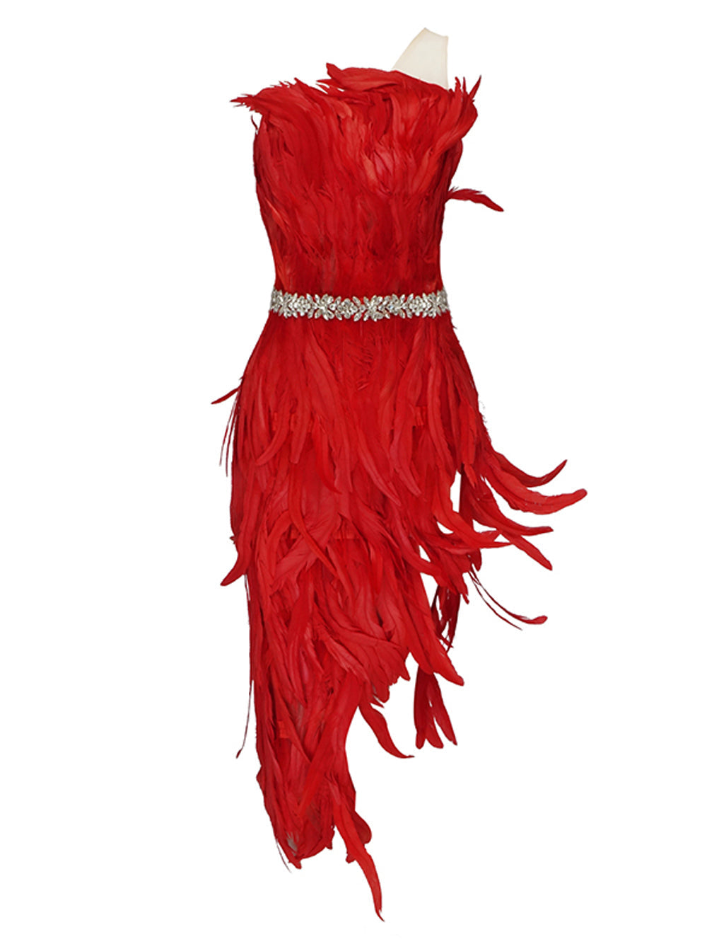 Strapless Rhinestone Belt Asymmetric Feather Hem Bodycon Mini Dress - View 4