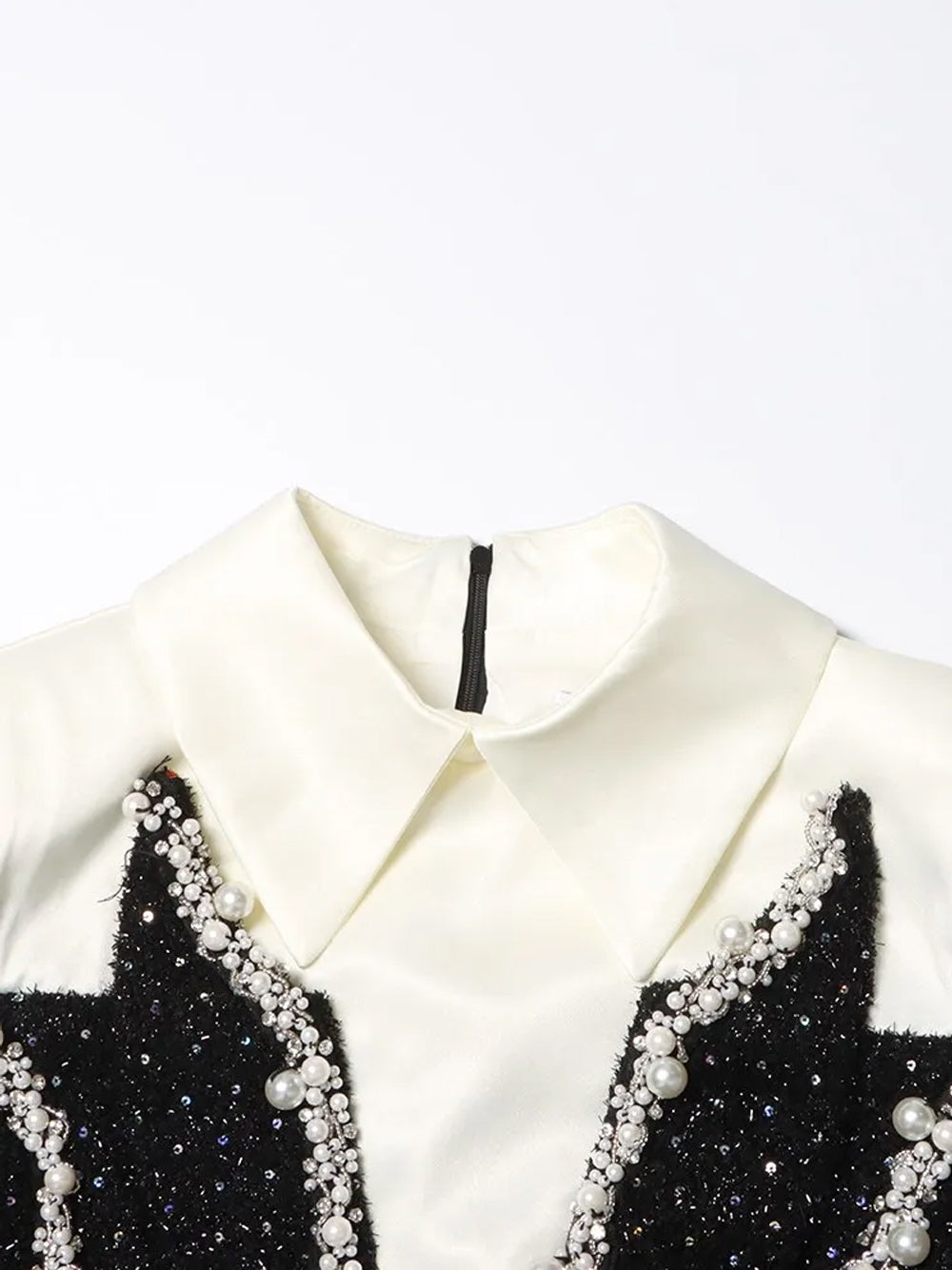 Sequin Pearl-Embellished Collared Long-Sleeve Bodycon Mini Dress 12