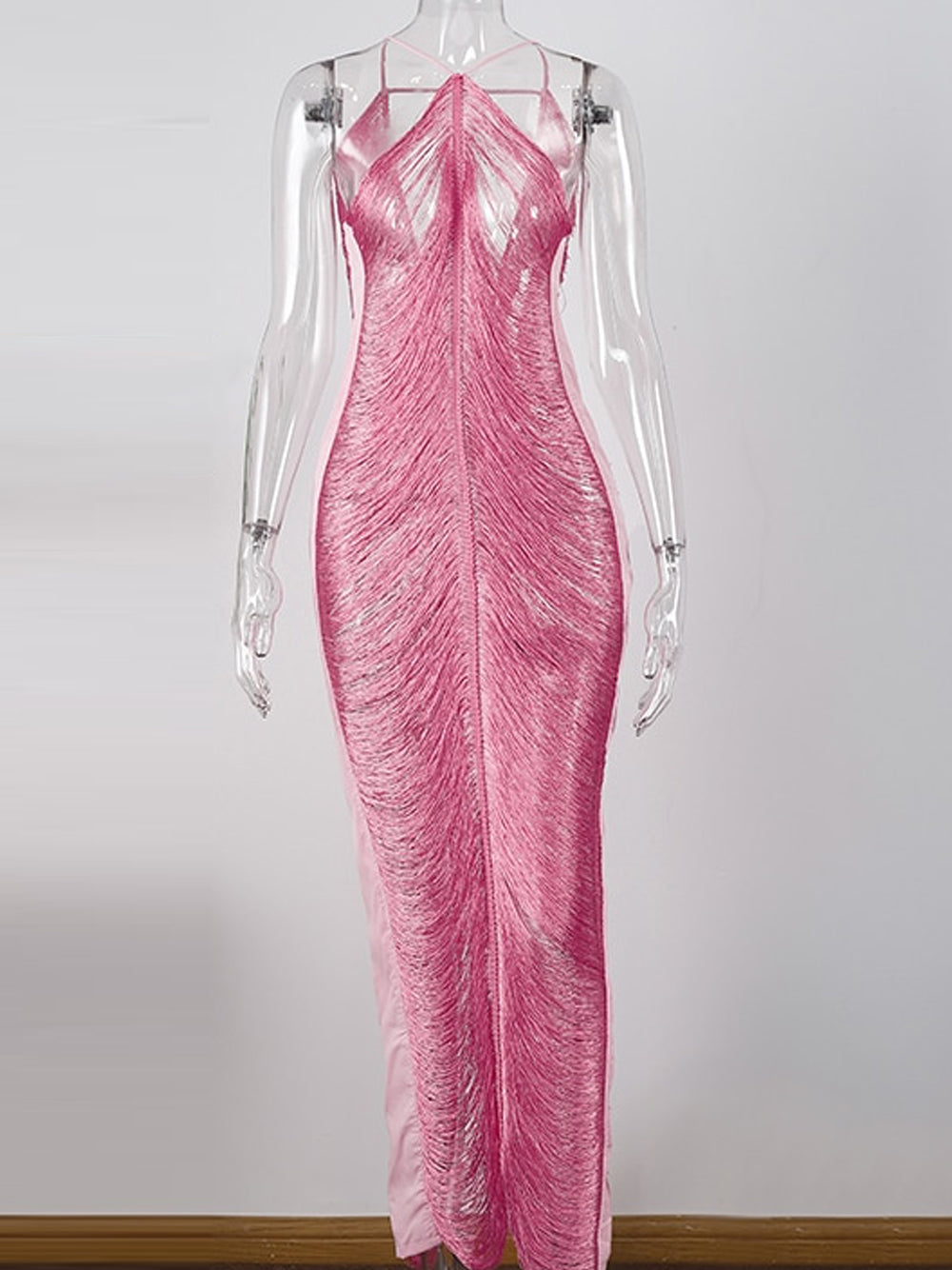 Tassel Fringe Halter Backless Bodycon Maxi Dress 13