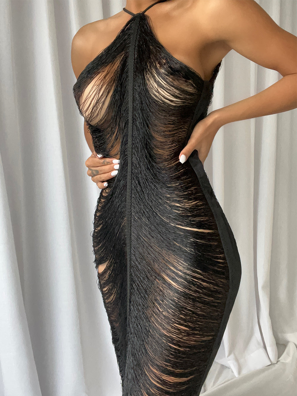 Tassel Fringe Halter Backless Bodycon Maxi Dress 5