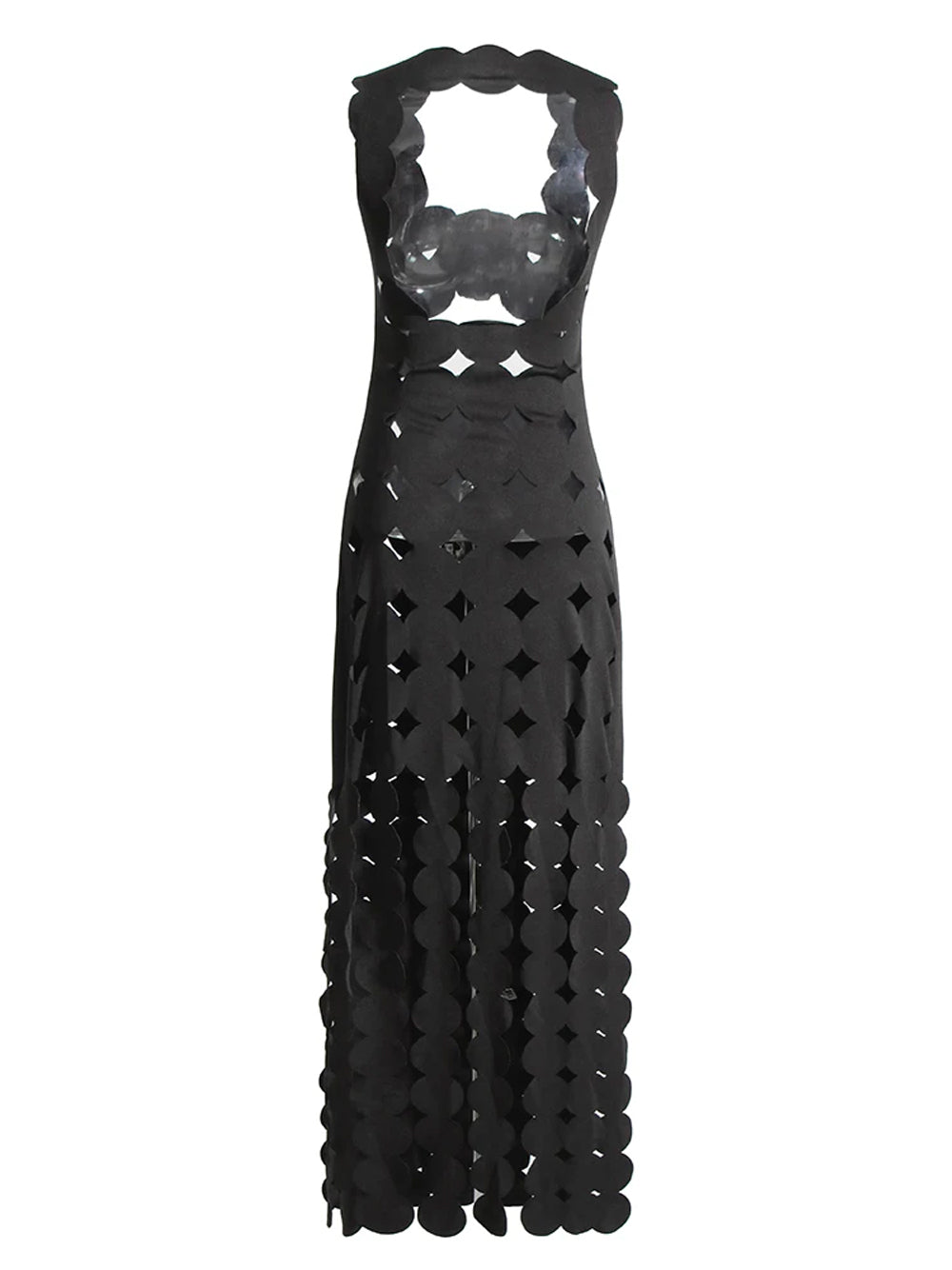 Laser-Cut Disc Cutout Halter Fringe Maxi Dress 2
