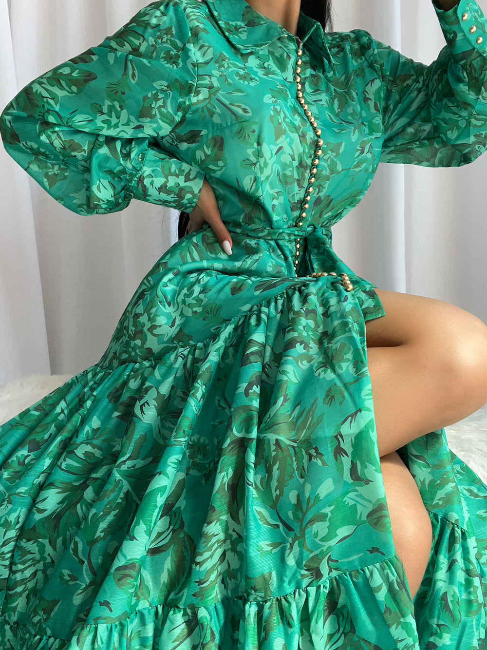 Floral Print Collared Long Sleeve Belted Tiered Maxi Dress 2