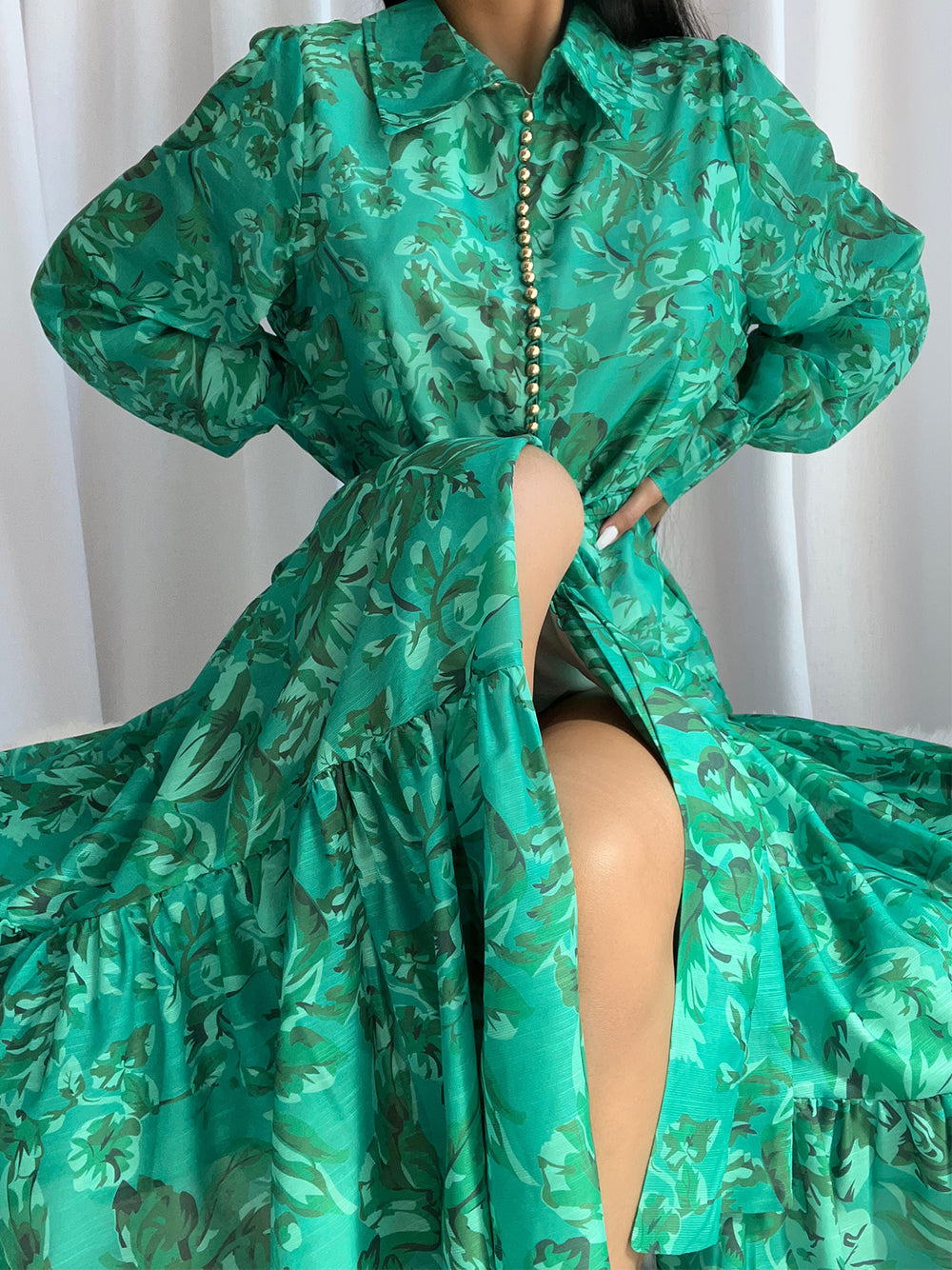 Floral Print Collared Long Sleeve Belted Tiered Maxi Dress 4
