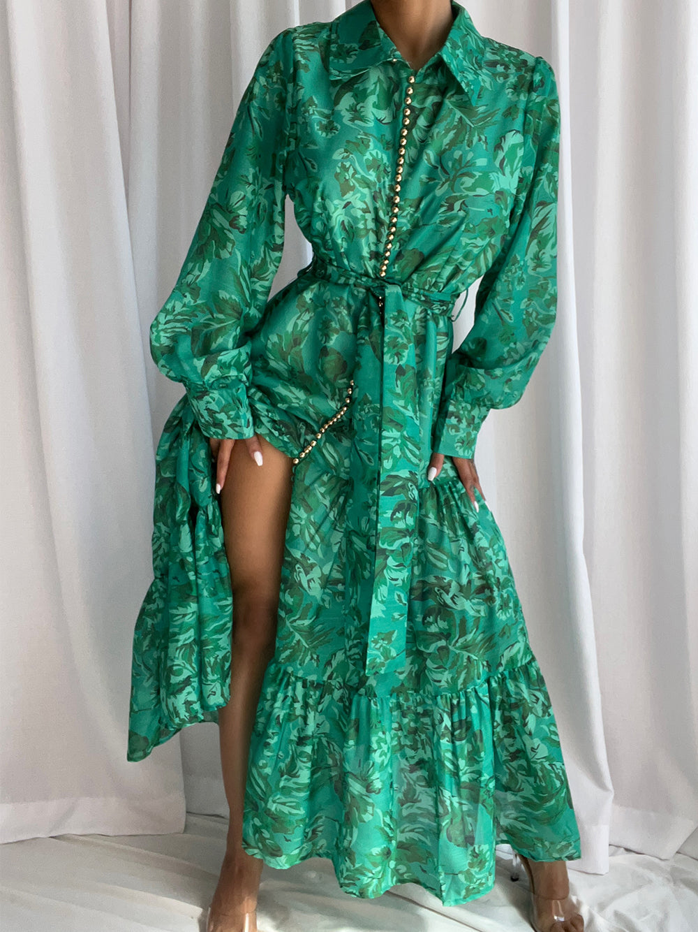 Floral Print Collared Long Sleeve Belted Tiered Maxi Dress