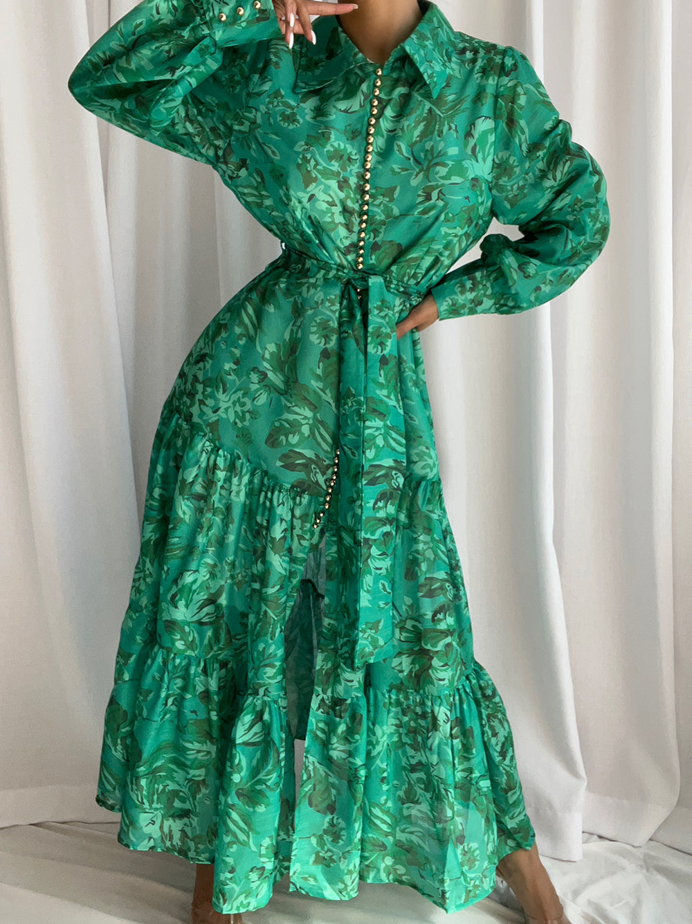 Floral Print Collared Long Sleeve Belted Tiered Maxi Dress 5