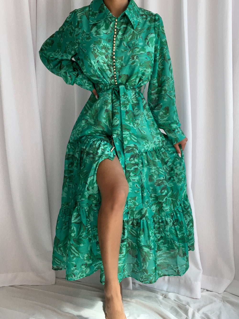 Floral Print Collared Long Sleeve Belted Tiered Maxi Dress 3