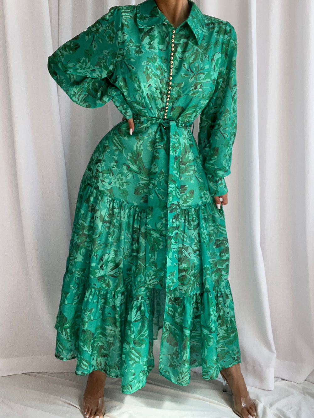 Floral Print Collared Long Sleeve Belted Tiered Maxi Dress 6