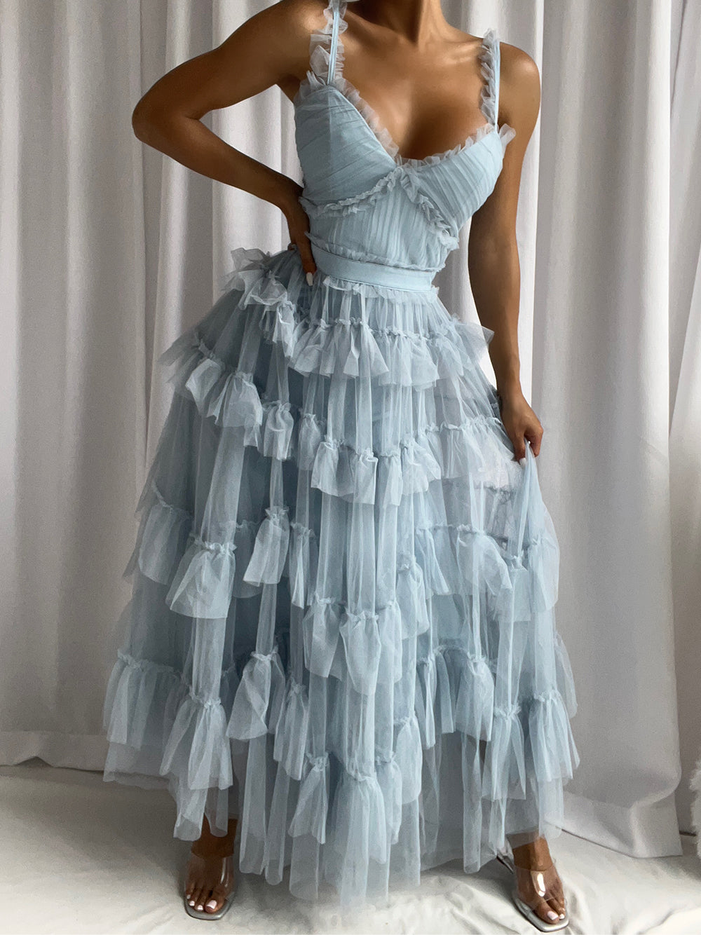 Tulle Sweetheart Strappy Tiered Ruffle Midi Dress 6