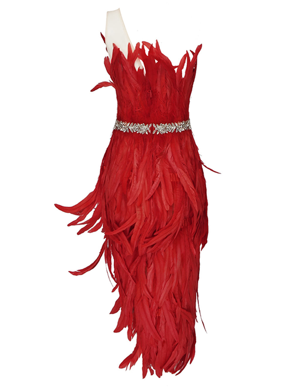 Strapless Rhinestone Belt Asymmetric Feather Hem Bodycon Mini Dress - View 5