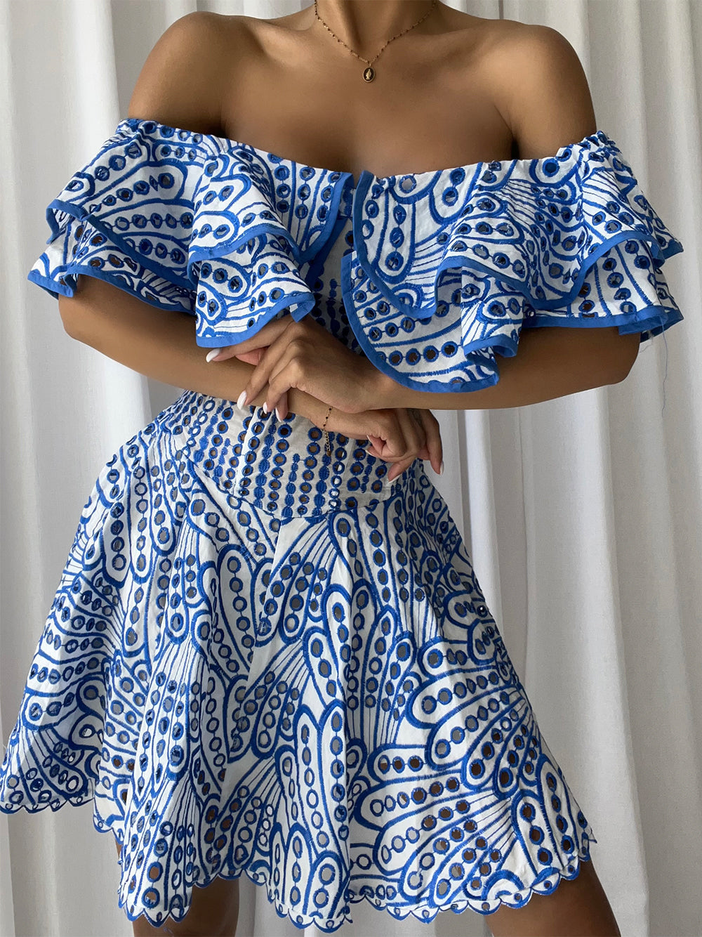 Broderie Anglaise Off-Shoulder Ruffle Mini Dress 5