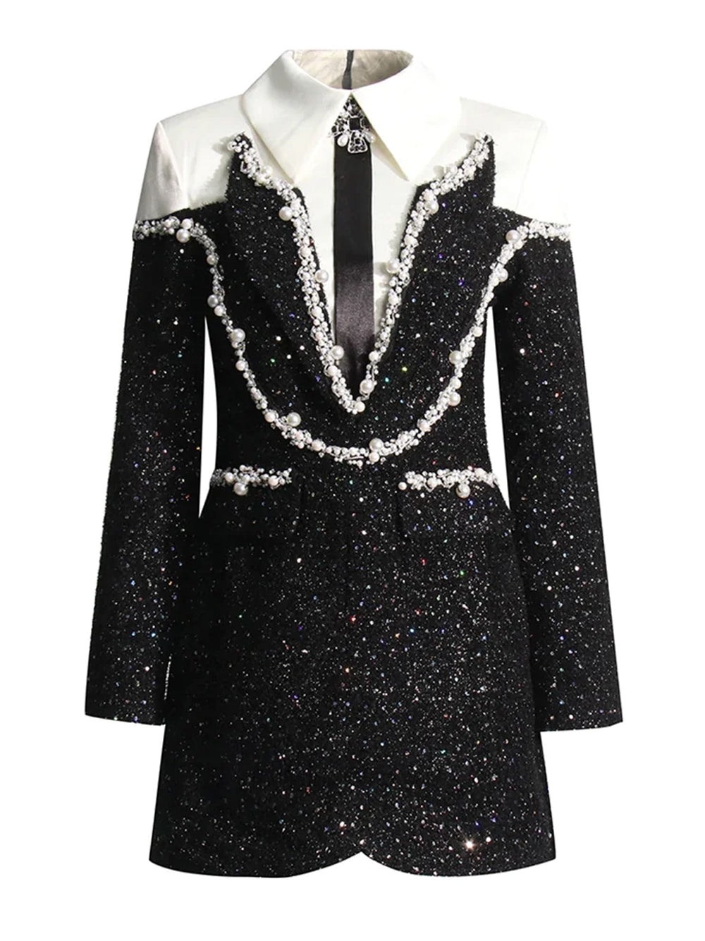 Sequin Pearl-Embellished Collared Long-Sleeve Bodycon Mini Dress 4