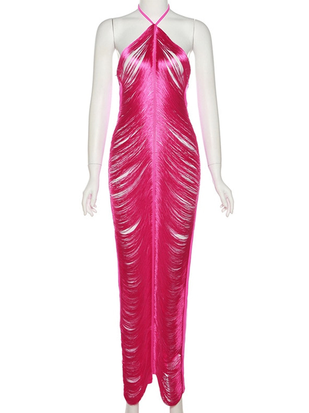Tassel Fringe Halter Backless Bodycon Maxi Dress 12