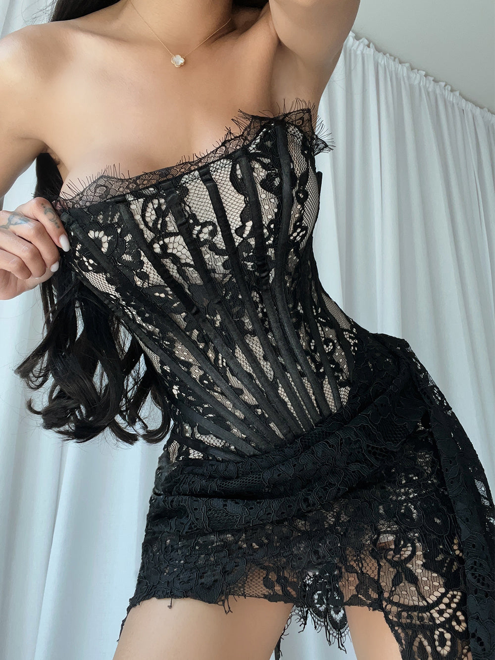 Eyelash Lace Strapless Boned Corset Mini Dress 2