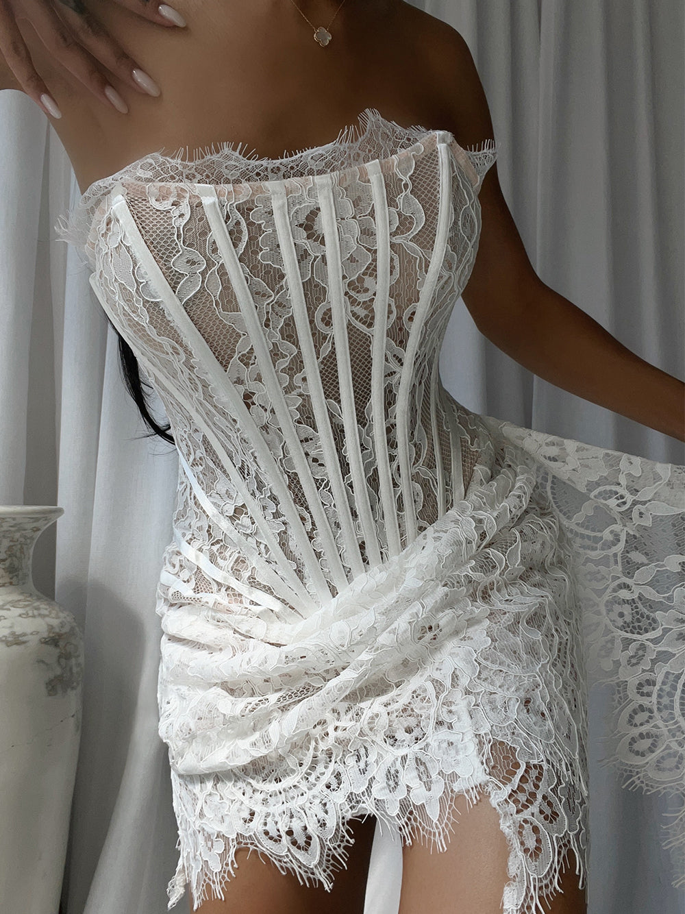 Strapless Eyelash Lace Corset Ruched Mini Dress 3