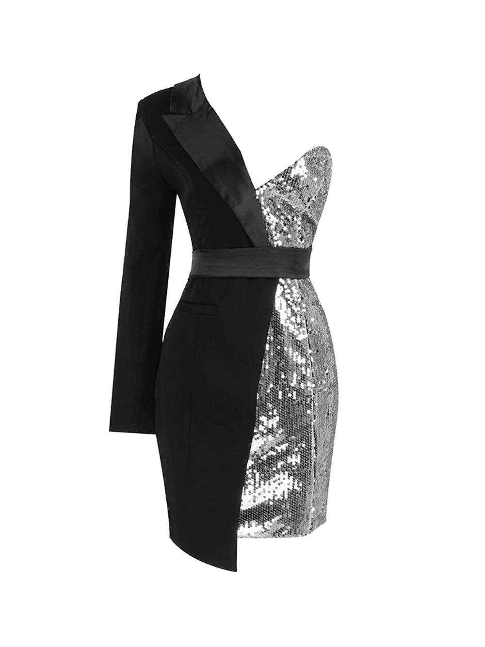 One Shoulder Long Sleeve Sequin Panel Tuxedo Blazer Mini Dress