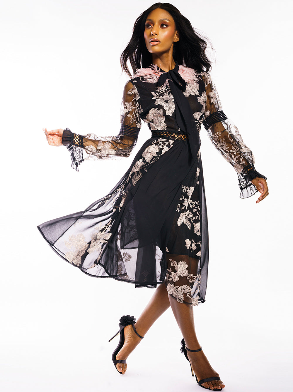 Embroidered Floral Feather Tie-Neck Long Sleeve Midi Dress 2