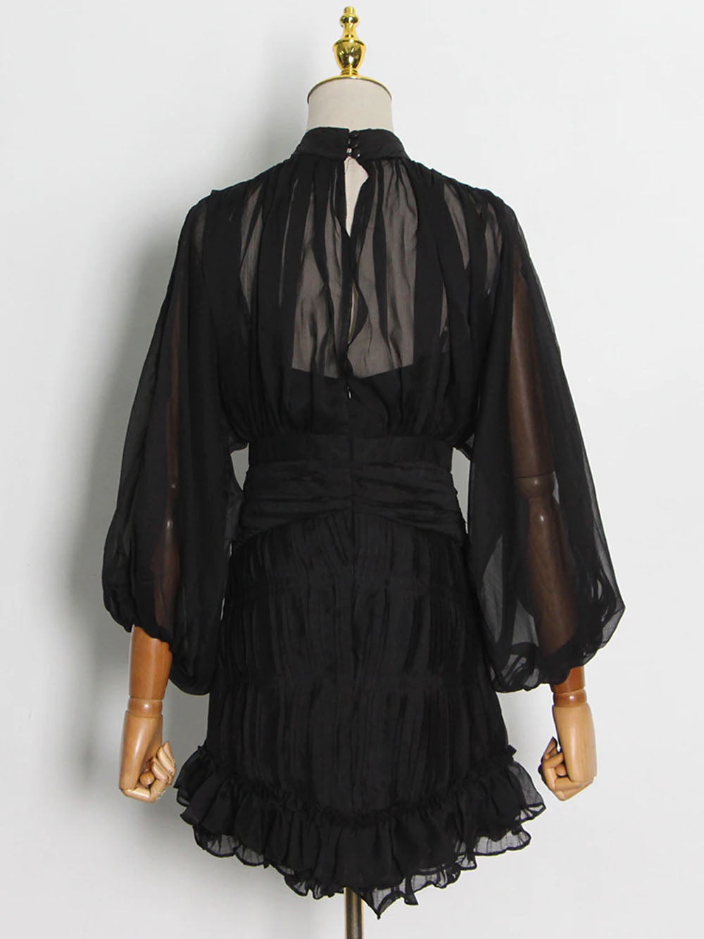 Sheer Chiffon Mock Neck Balloon Sleeve Ruffle Hem Mini Dress 2