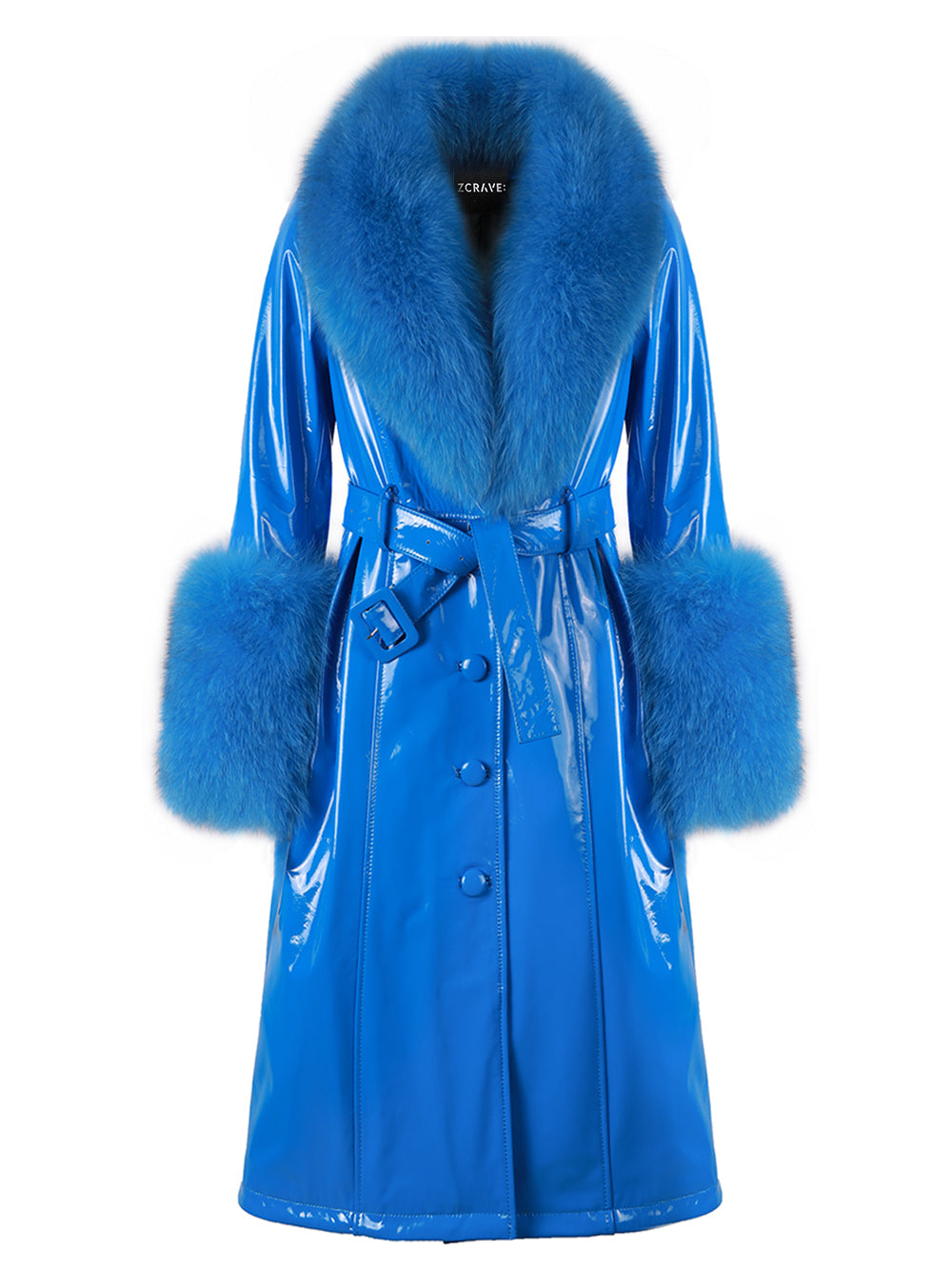 Patent Leather Coat w/ Fox Fur In Blue 11