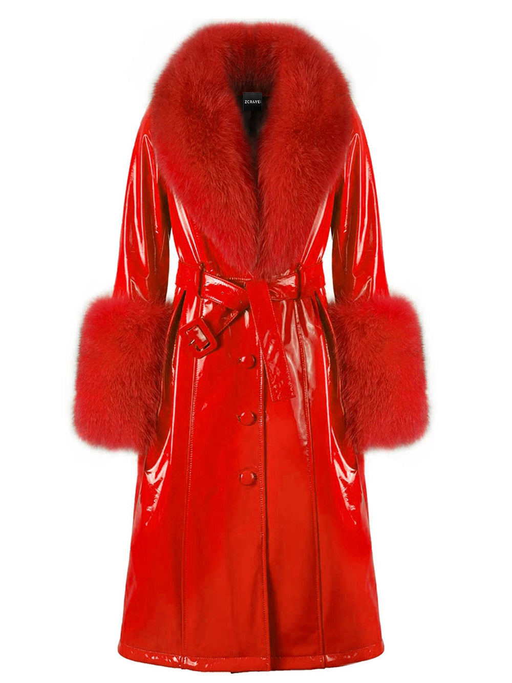 Patent Leather Coat w/ Fox Fur In Red 12