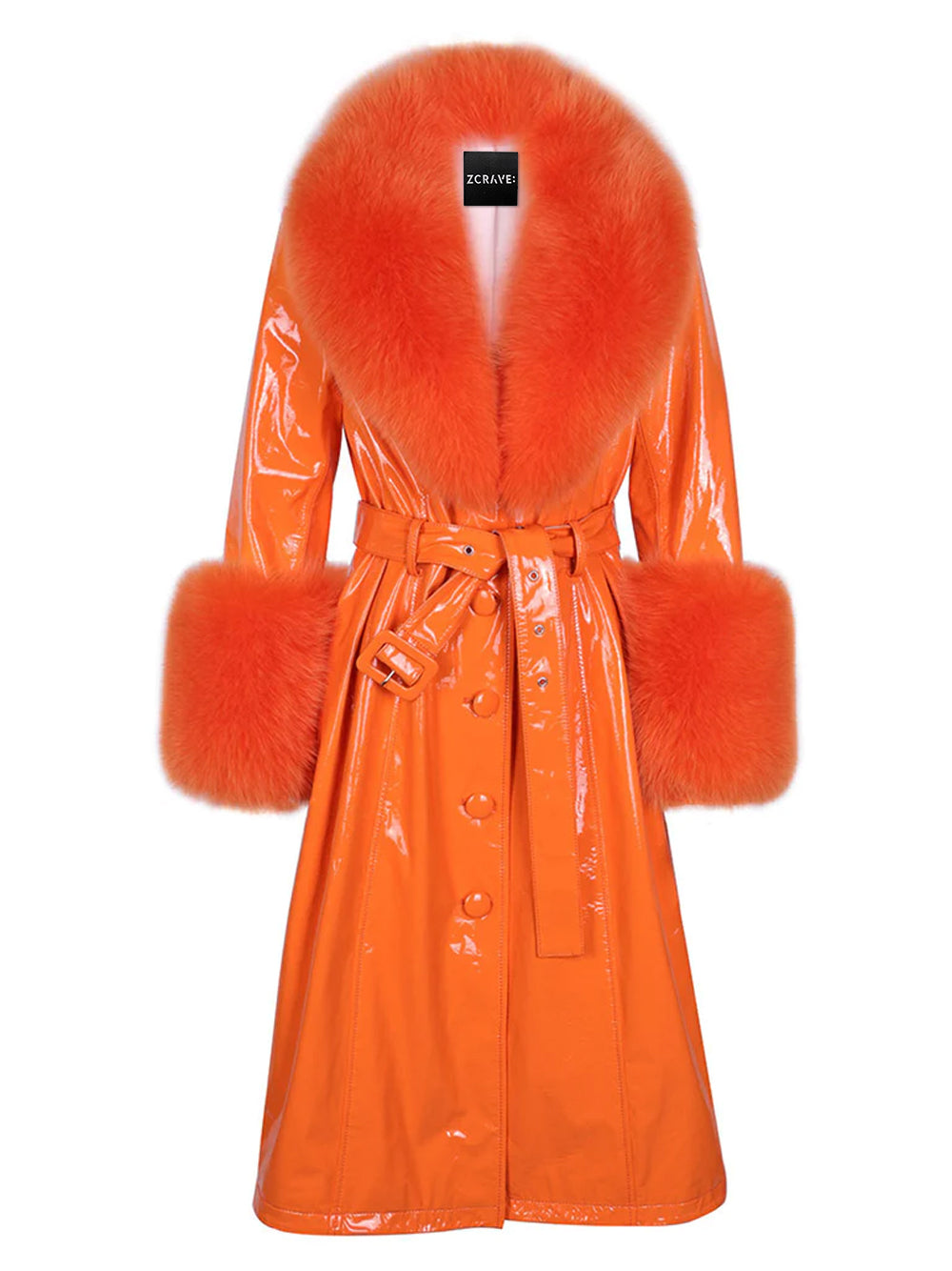 Patent Leather Coat w/ Fox Fur In Orange 25