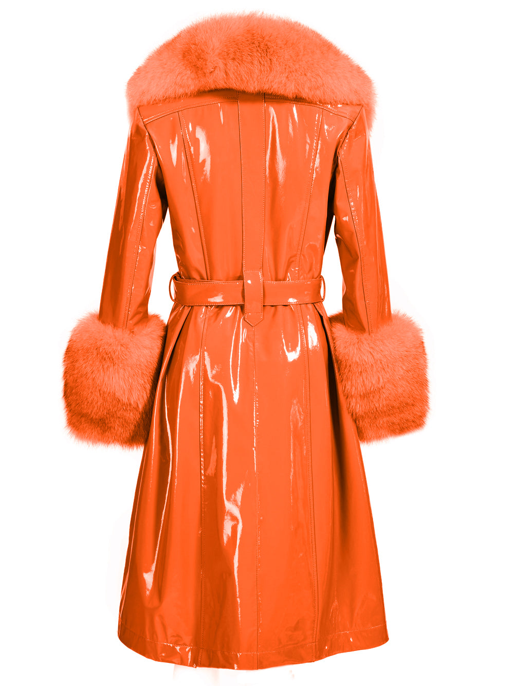 Patent Leather Coat w/ Fox Fur In Orange 26