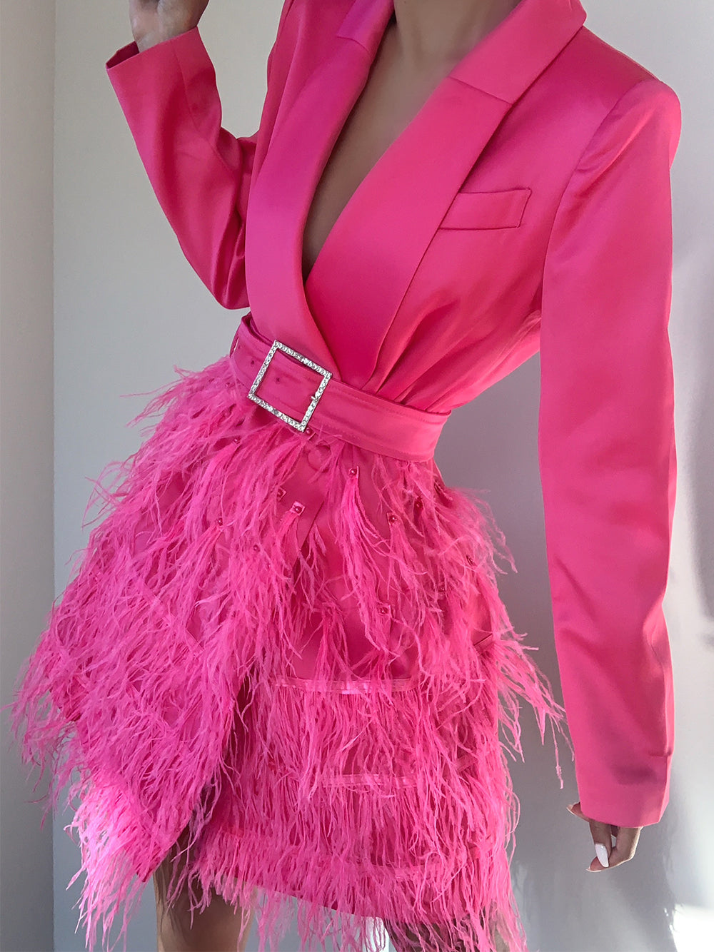 Satin Lapel Deep V Long Sleeve Feather Skirt Blazer Mini Dress 2