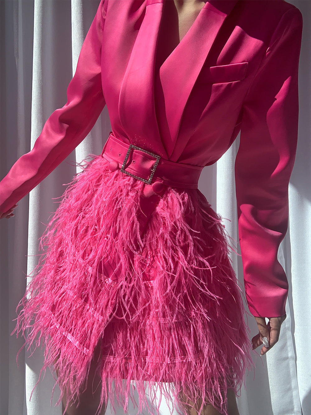Satin Lapel Deep V Long Sleeve Feather Skirt Blazer Mini Dress 4
