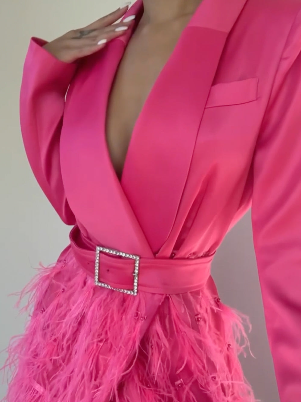 Satin Lapel Deep V Long Sleeve Feather Skirt Blazer Mini Dress 5
