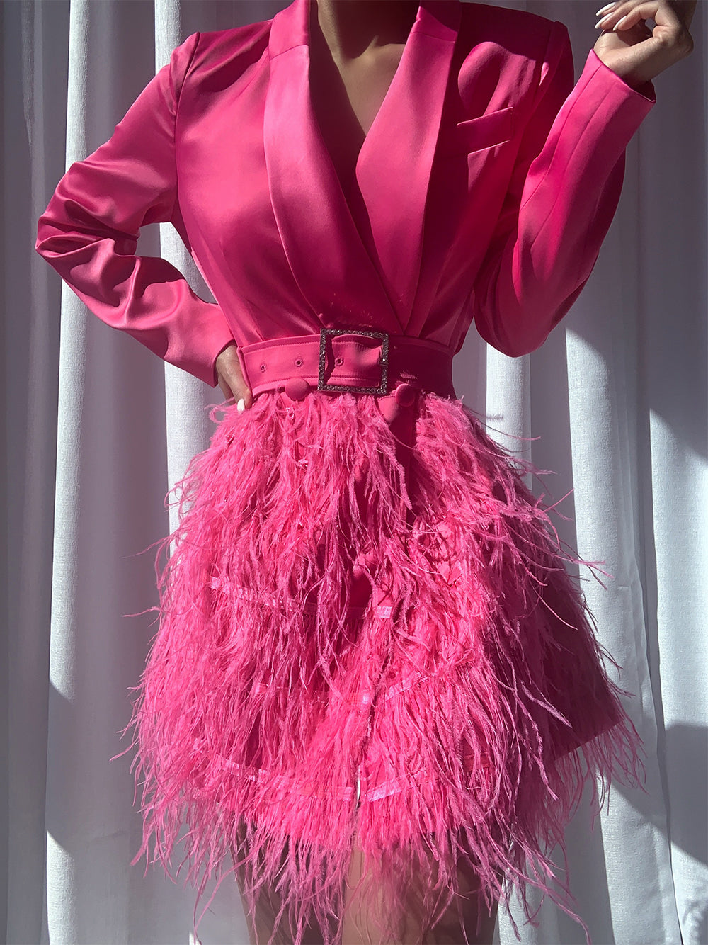 Satin Lapel Deep V Long Sleeve Feather Skirt Blazer Mini Dress 6