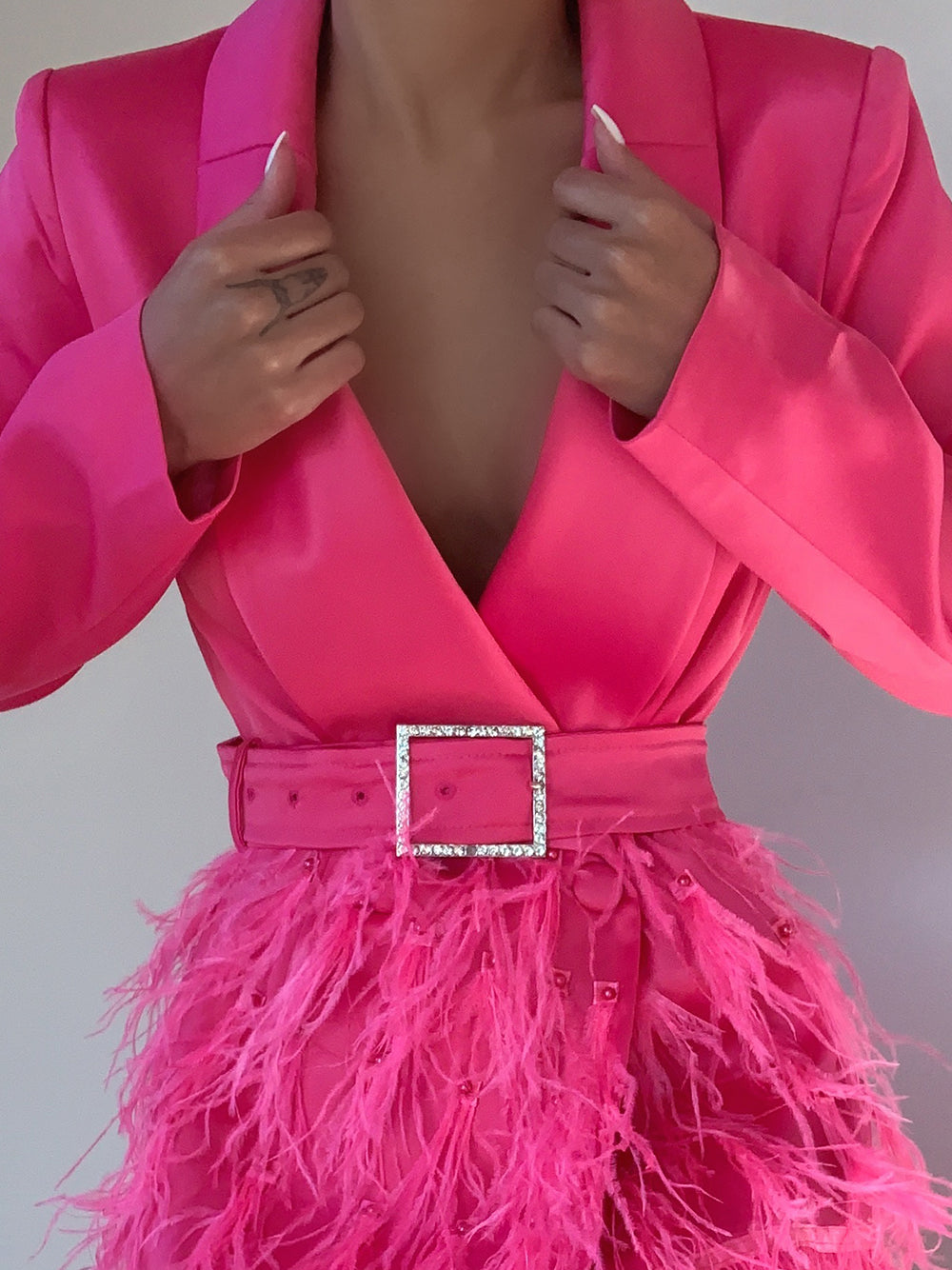 Satin Lapel Deep V Long Sleeve Feather Skirt Blazer Mini Dress 7