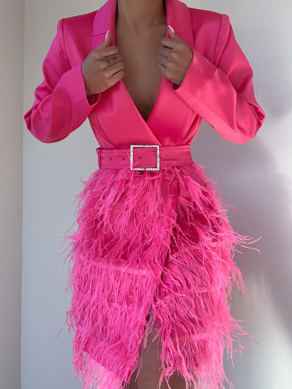 Satin Lapel Deep V Long Sleeve Feather Skirt Blazer Mini Dress 3