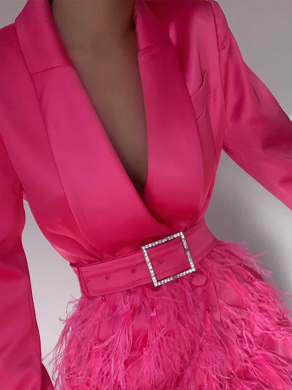 Satin Lapel Deep V Long Sleeve Feather Skirt Blazer Mini Dress 9