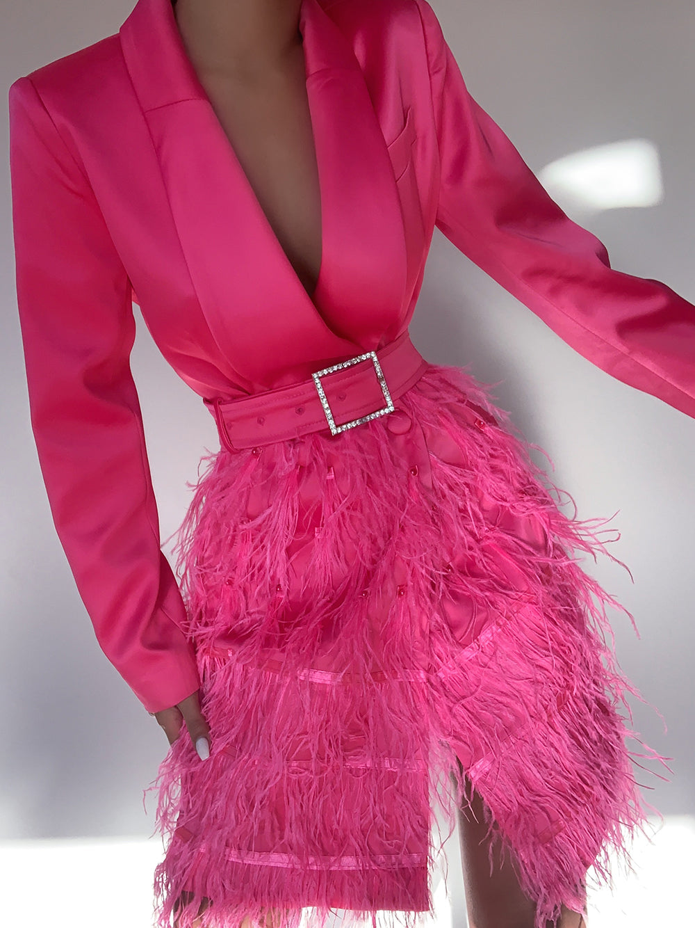 Satin Lapel Deep V Long Sleeve Feather Skirt Blazer Mini Dress