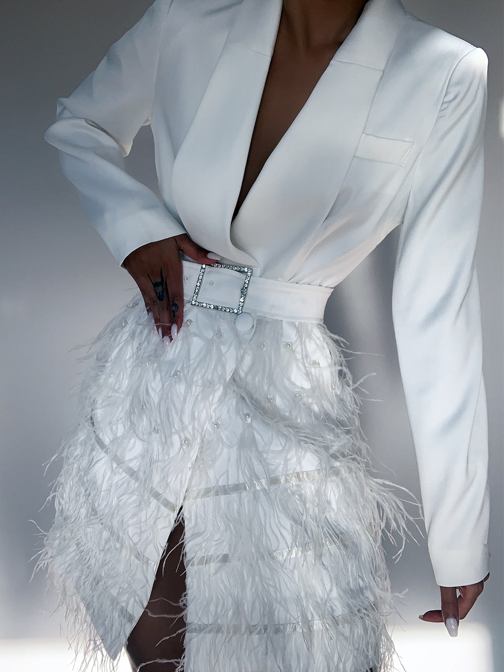 Deep V-Neck Notched Lapel Long Sleeve Rhinestone Belt Mini Dress - View 3