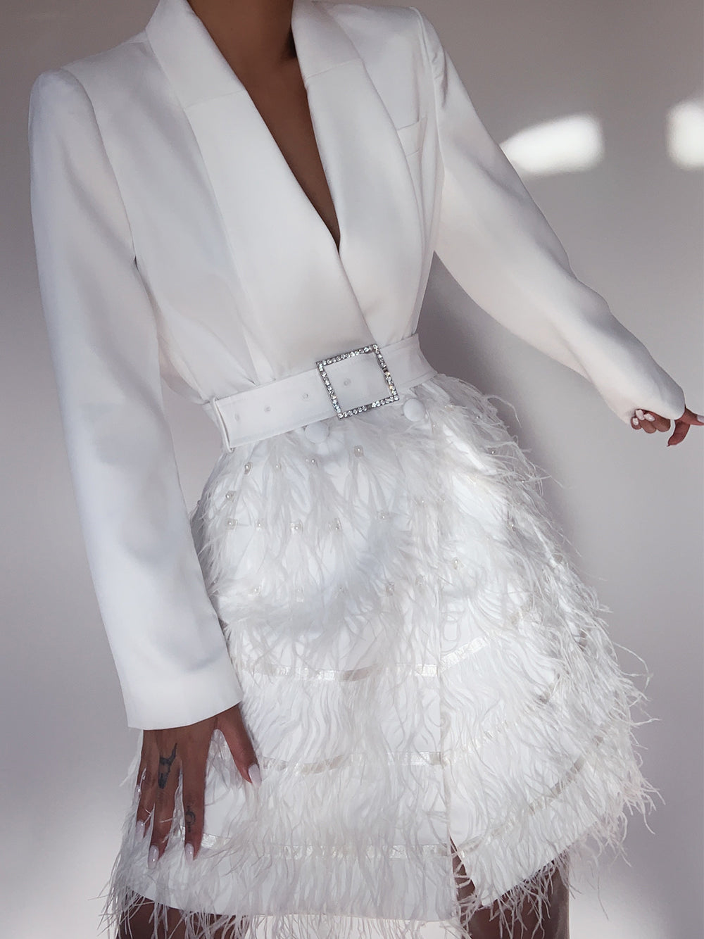 Deep V-Neck Notched Lapel Long Sleeve Rhinestone Belt Mini Dress - View 2