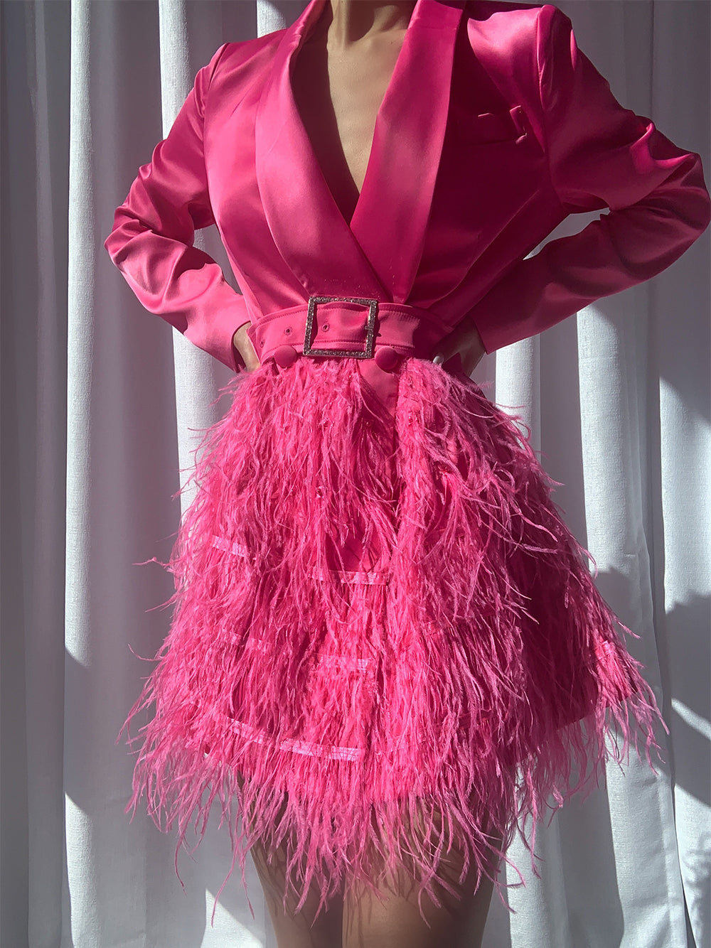 Satin Lapel Deep V Long Sleeve Feather Skirt Blazer Mini Dress 8