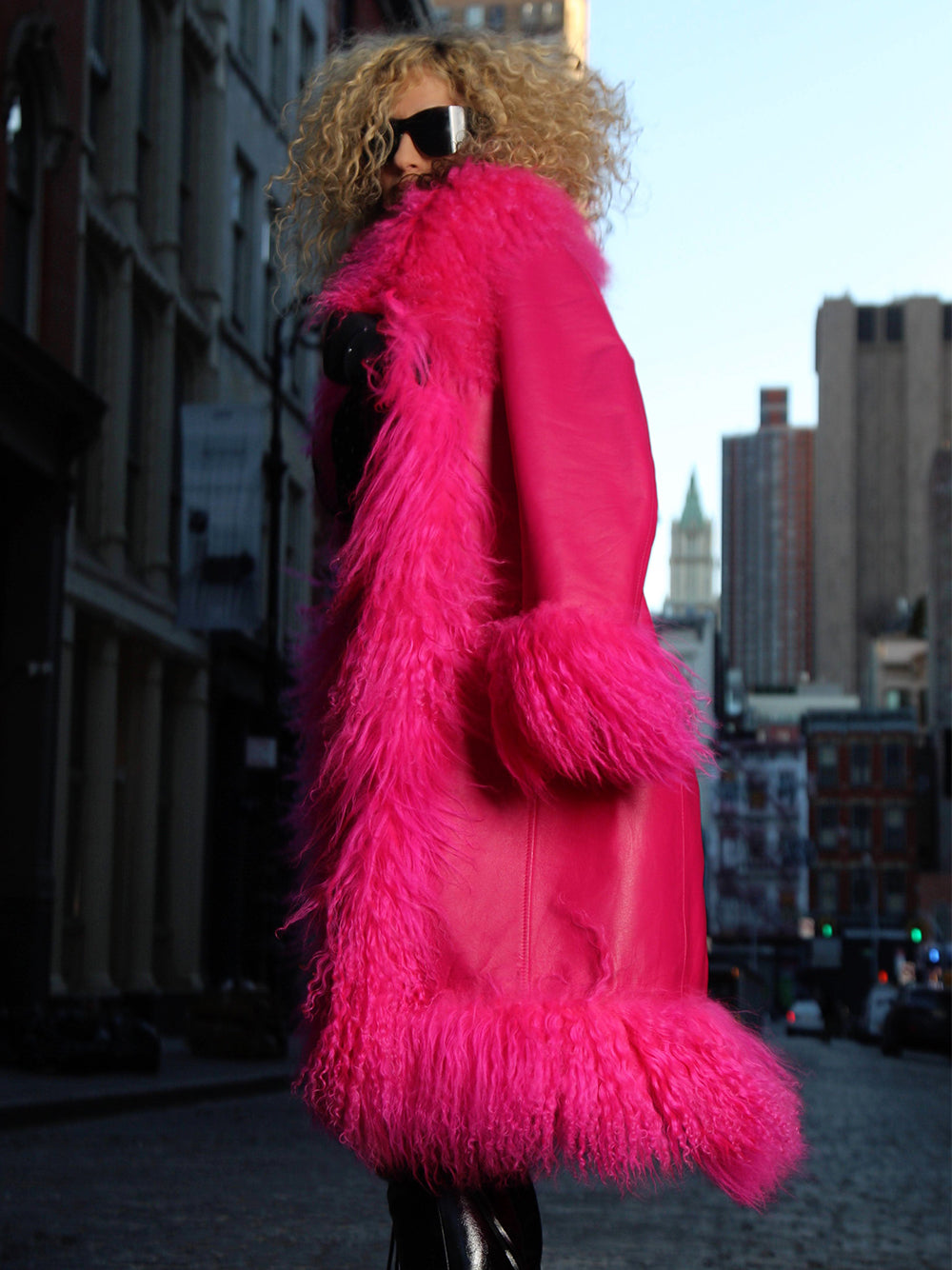 TAJE Shearling Trim Leather Coat in Fuchsia 3