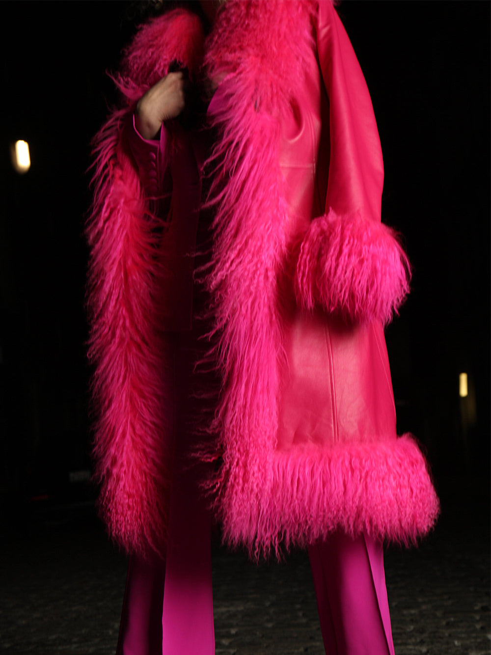 TAJE Shearling Trim Leather Coat in Fuchsia 14