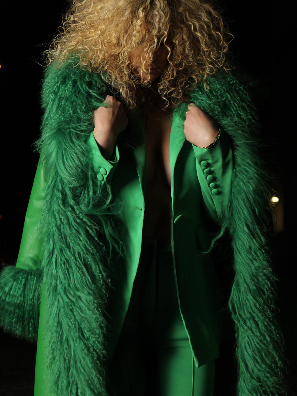 TAJE Shearling Trim Leather Coat in Forest Green 4