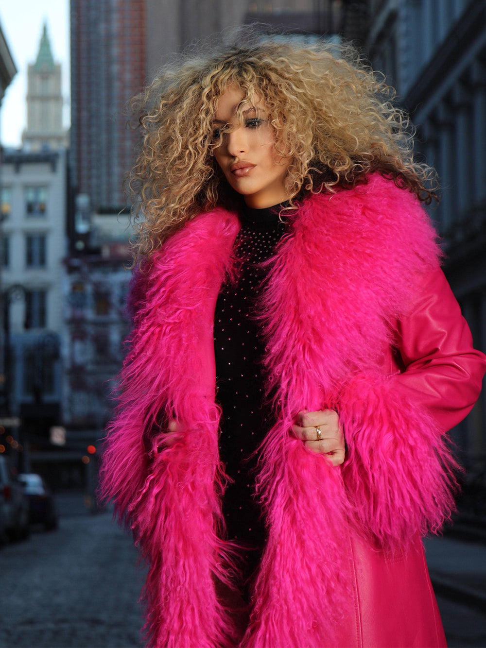 TAJE Shearling Trim Leather Coat in Fuchsia 12