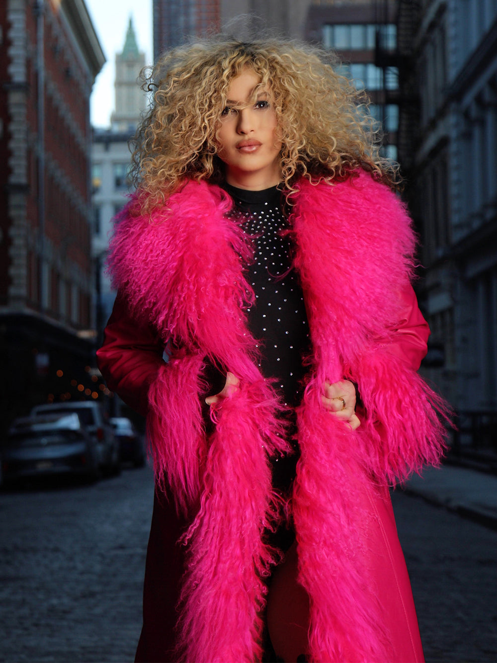 TAJE Shearling Trim Leather Coat in Fuchsia 11