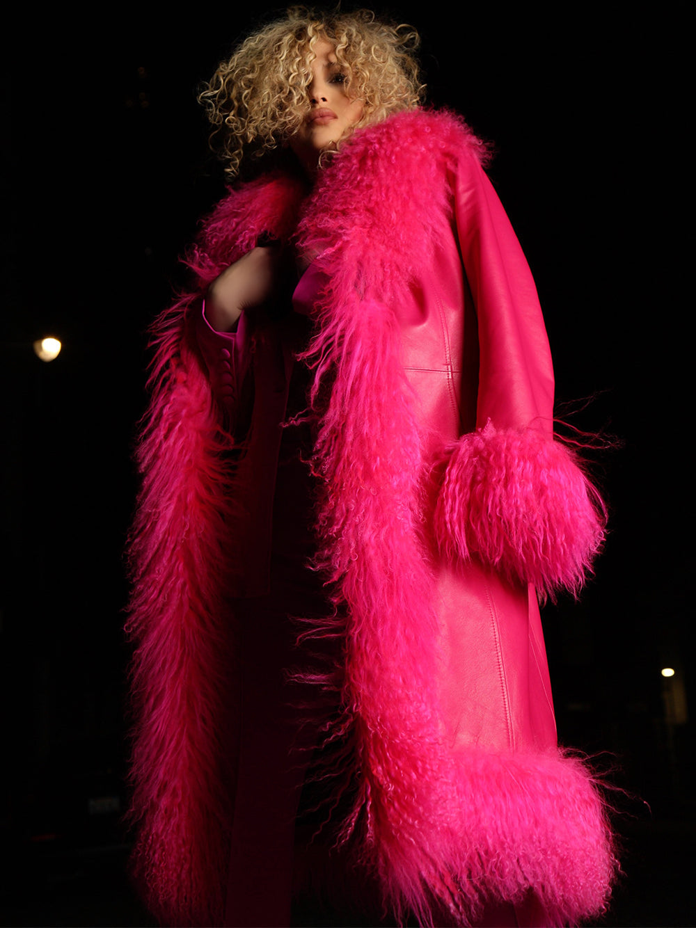TAJE Shearling Trim Leather Coat in Fuchsia 8