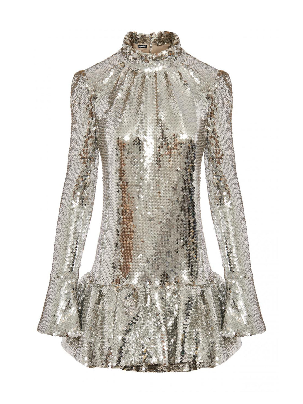 Sequin High Neck Long Sleeve Ruffle Hem Mini Party Dress - View 5