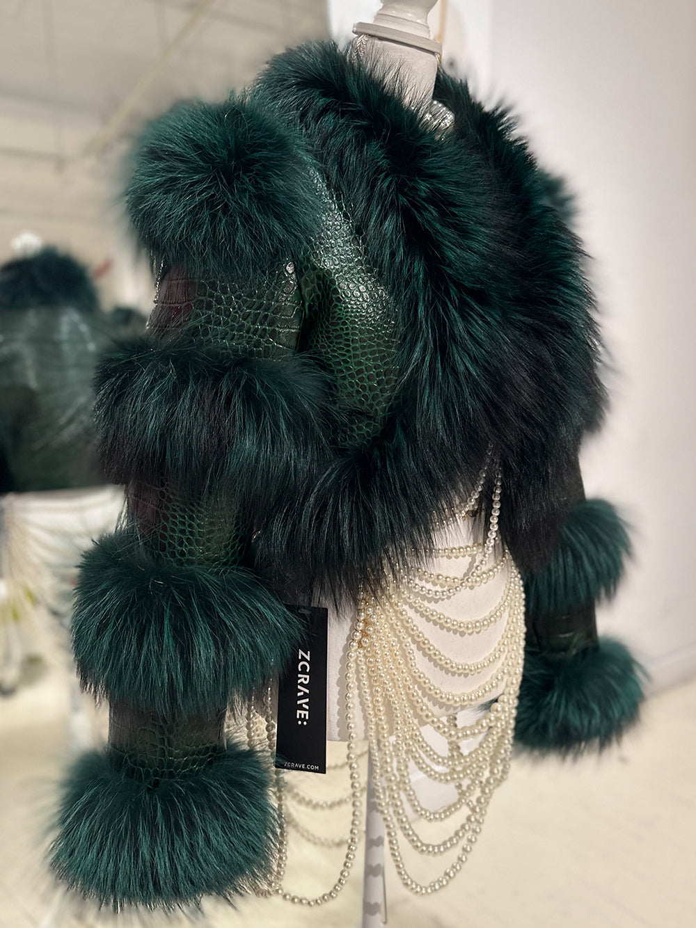 LITALY Fur Trim Leather Jacket in Dark Green 11