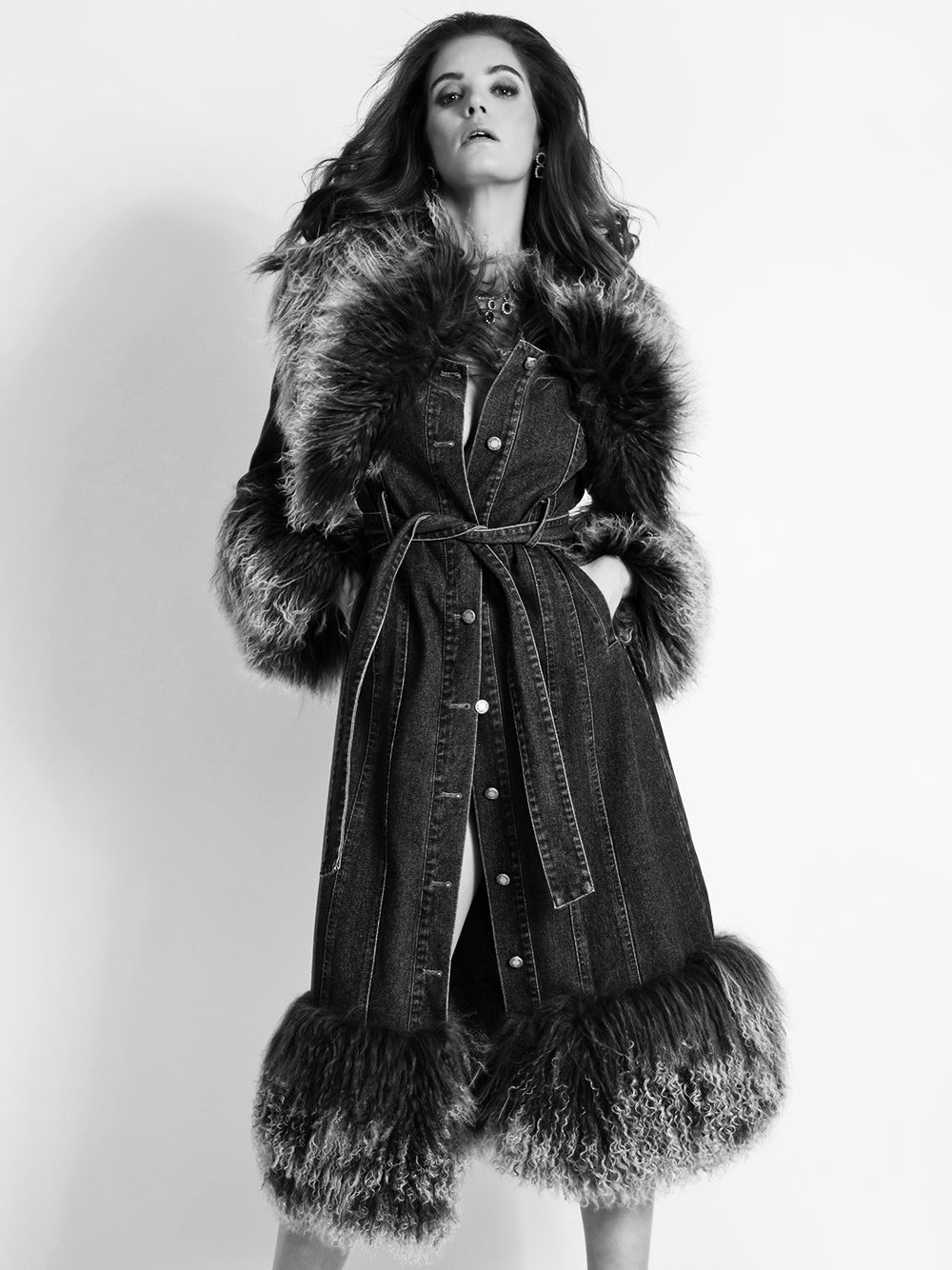 MEDUSA Denim Coat w/ Shearling Fur in Black 3