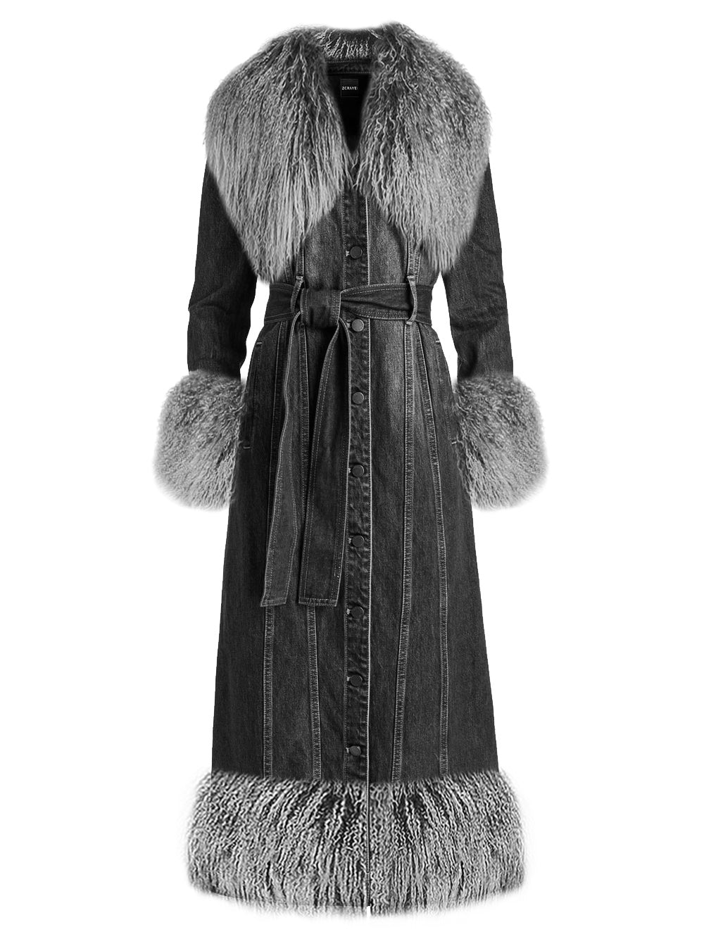 MEDUSA Denim Coat w/ Shearling Fur in Black 4