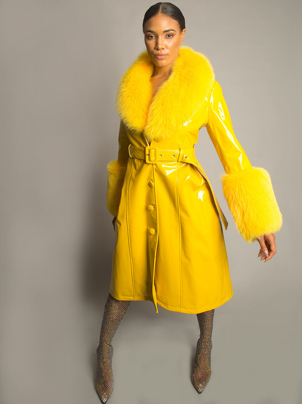 Patent Leather Coat w/ Fox Fur In Yellow 5