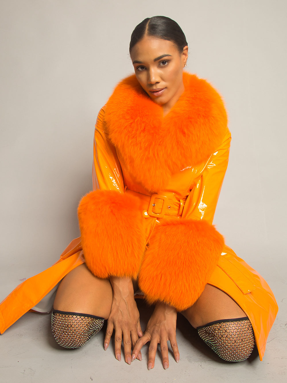 Patent Leather Coat w/ Fox Fur In Orange 6