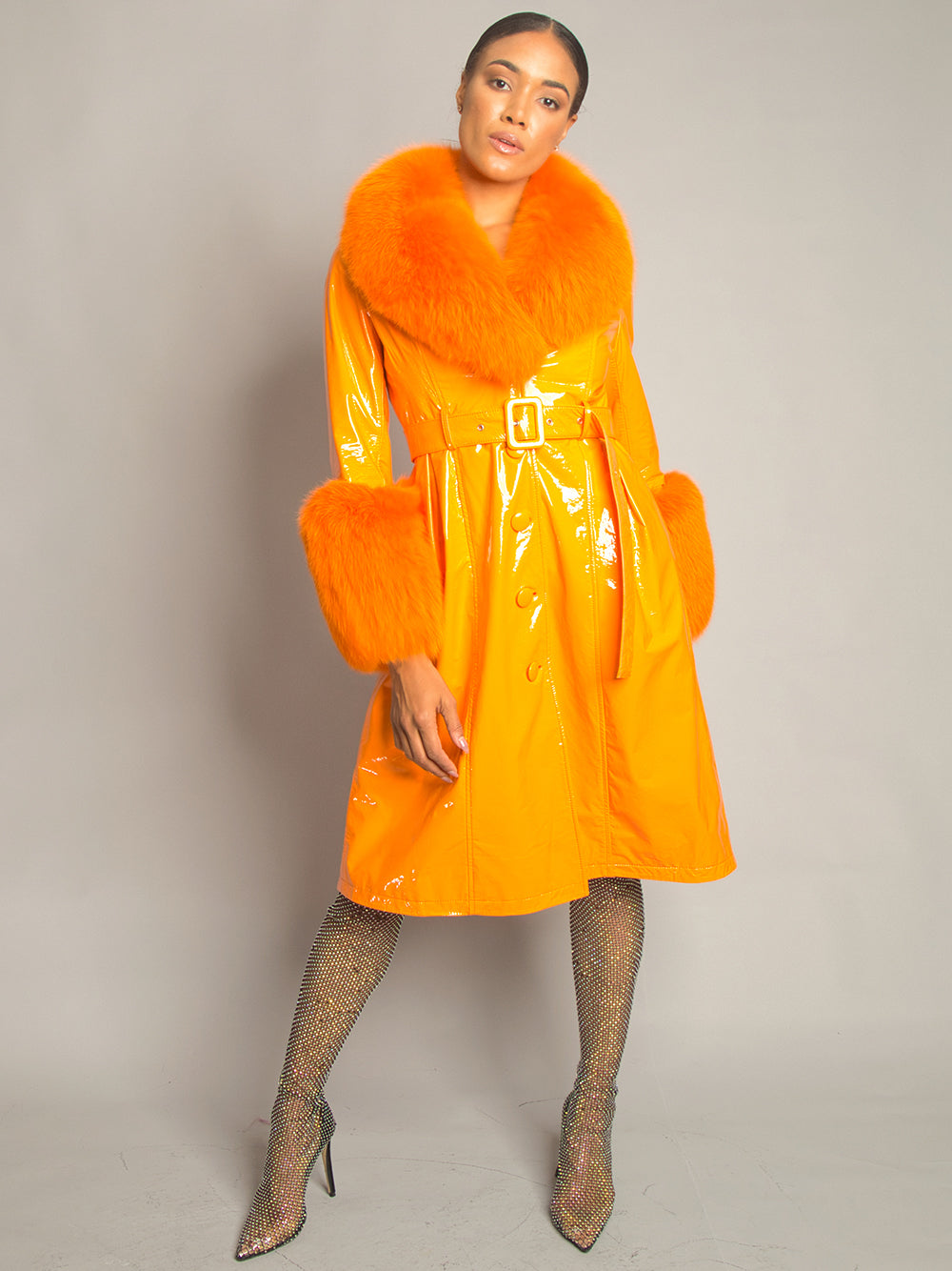 Patent Leather Coat w/ Fox Fur In Orange 9