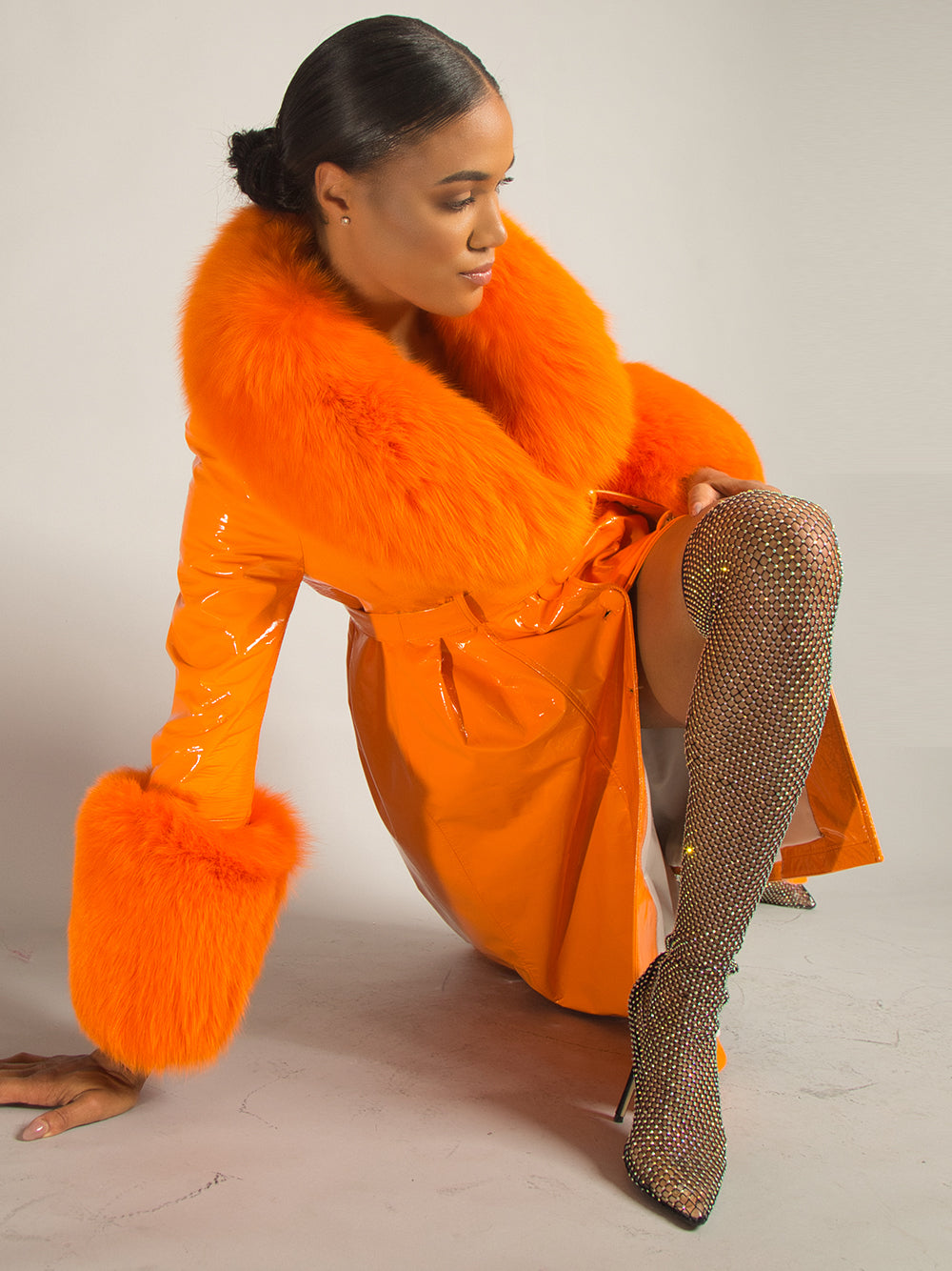 Patent Leather Coat w/ Fox Fur In Orange 17